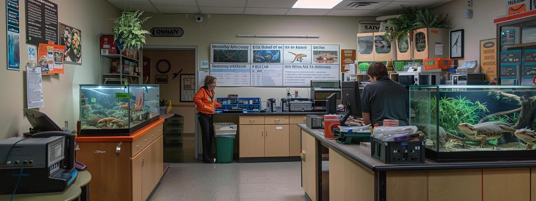 a well-organized reptile care office with expert herpetologists discussing bearded dragon care, surrounded by informative charts on habitat configurations, nutrition, and health maintenance strategies prominently displayed on the walls.