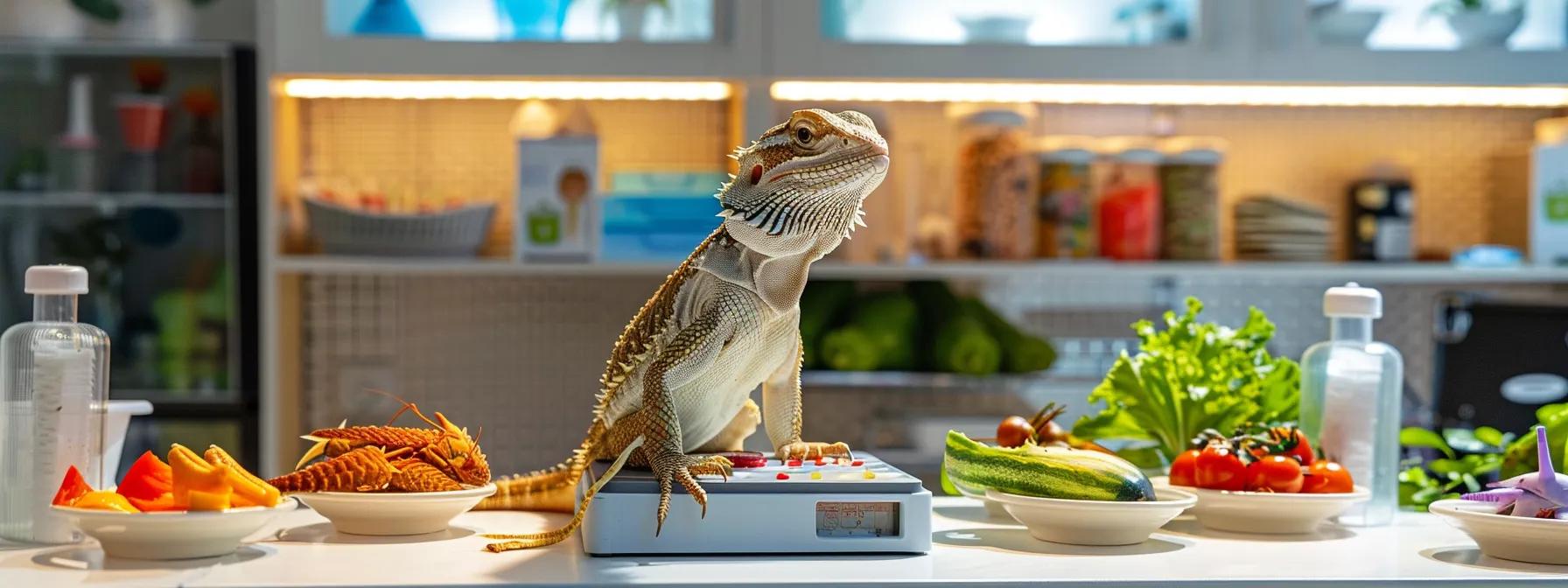 a well-arranged veterinary clinic examination room showcases a healthy bearded dragon perched on a clean, modern scale, surrounded by vibrant dishes filled with colorful insects and fresh vegetables, emphasizing the importance of a balanced diet for optimal reptile health. a well-arranged veterinary clinic examination room showcases a healthy bearded dragon perched on a clean, modern scale, surrounded by vibrant dishes filled with colorful insects and fresh vegetables, emphasizing the importance of a balanced diet for optimal reptile health.