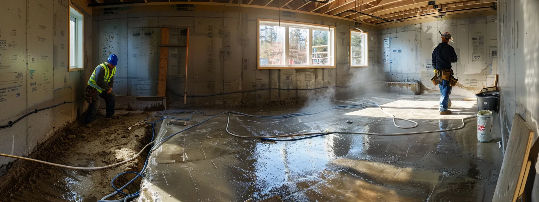 a well-lit residential basement showcases the waterproofing process with exposed concrete walls, where a contractor in safety gear skillfully seals cracks with hydraulic cement, while another installs a french drain, all within a clean and professional workspace. a well-lit residential basement showcases the waterproofing process with exposed concrete walls, where a contractor in safety gear skillfully seals cracks with hydraulic cement, while another installs a french drain, all within a clean and professional workspace.