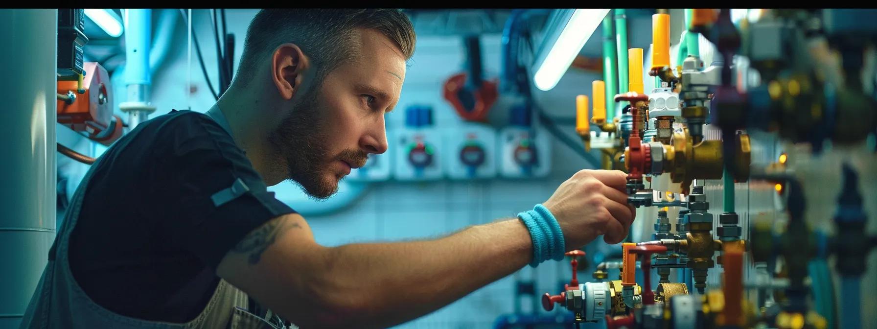 a well-organised urban plumbing workshop, featuring a focused technician inspecting a complex array of pipes and fittings, under bright artificial lighting, showcasing the intricate details of summer-plumbing issues in a middlesex setting.