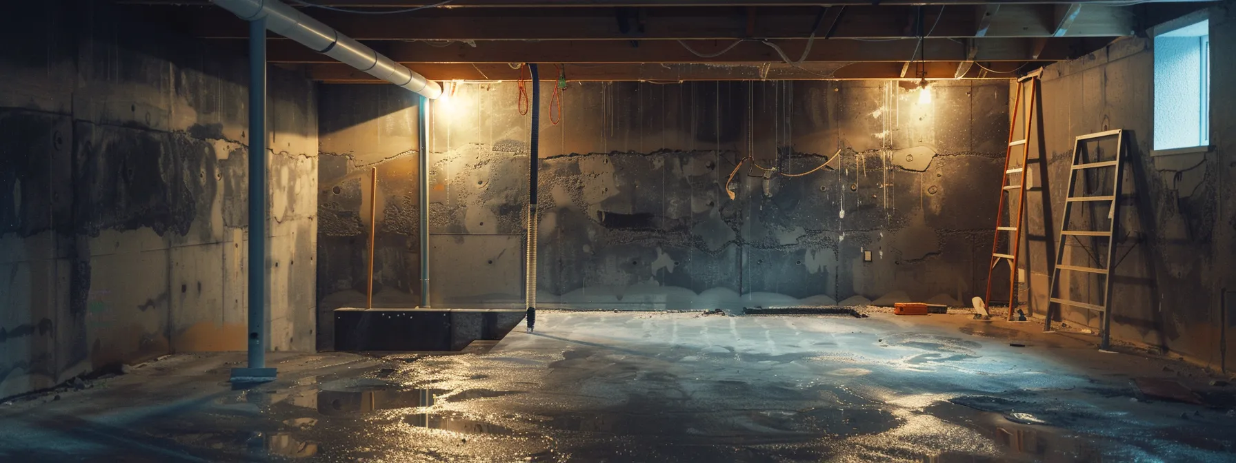 a well-lit residential basement showcases a contractor applying waterproofing membranes to exposed concrete walls while another installs a french drain, illustrating effective interior waterproofing techniques for moisture prevention. a well-lit residential basement showcases a contractor applying waterproofing membranes to exposed concrete walls while another installs a french drain, illustrating effective interior waterproofing techniques for moisture prevention.