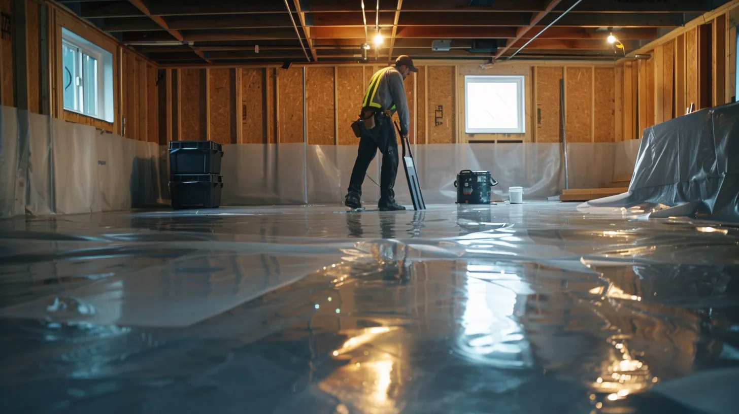 a well-lit residential basement showcases the waterproofing process, featuring contractors applying membranes to exposed concrete walls, sealing cracks with hydraulic cement, and installing a french drain alongside a ready-to-install sump pump in a clean, professional workspace. a well-lit residential basement showcases the waterproofing process, featuring contractors applying membranes to exposed concrete walls, sealing cracks with hydraulic cement, and installing a french drain alongside a ready-to-install sump pump in a clean, professional workspace.
