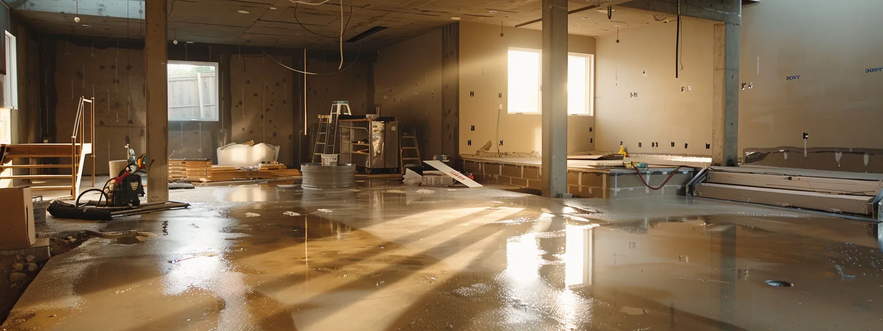 a well-lit residential basement showcases the waterproofing process, featuring exposed concrete walls, a contractor sealing cracks with hydraulic cement, and a french drain being installed, all set in a clean, professional workspace. a well-lit residential basement showcases the waterproofing process, featuring exposed concrete walls, a contractor sealing cracks with hydraulic cement, and a french drain being installed, all set in a clean, professional workspace.
