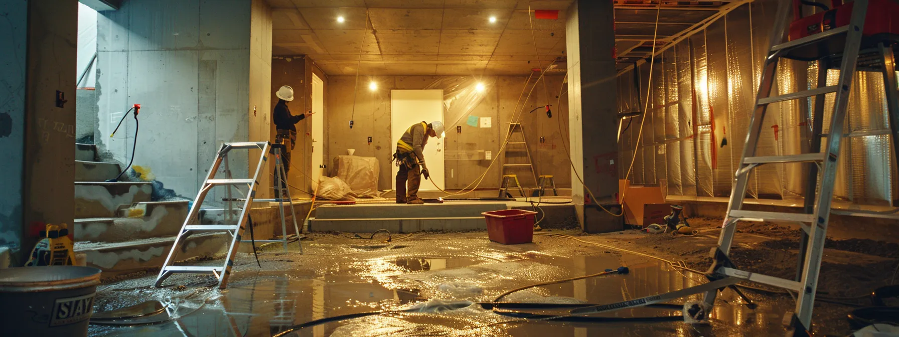 a well-lit basement showcases the waterproofing process with a contractor in safety gear applying hydraulic cement to cracks, while another installs a french drain, surrounded by exposed concrete walls and a ready-to-install sump pump, emphasizing the importance of basement moisture control for home protection. a well-lit basement showcases the waterproofing process with a contractor in safety gear applying hydraulic cement to cracks, while another installs a french drain, surrounded by exposed concrete walls and a ready-to-install sump pump, emphasizing the importance of basement moisture control for home protection.