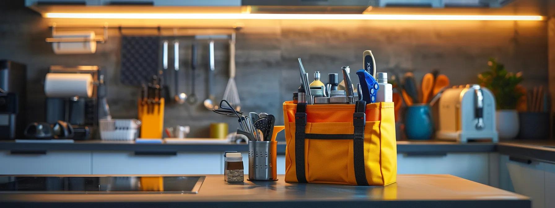 a well-organised home plumbing emergency kit displayed prominently on a sleek, modern kitchen counter, featuring essential tools and materials neatly arranged, all under bright, focused artificial lighting that highlights the importance of proactive plumbing preparedness. a well-organised home plumbing emergency kit displayed prominently on a sleek, modern kitchen counter, featuring essential tools and materials neatly arranged, all under bright, focused artificial lighting that highlights the importance of proactive plumbing preparedness.