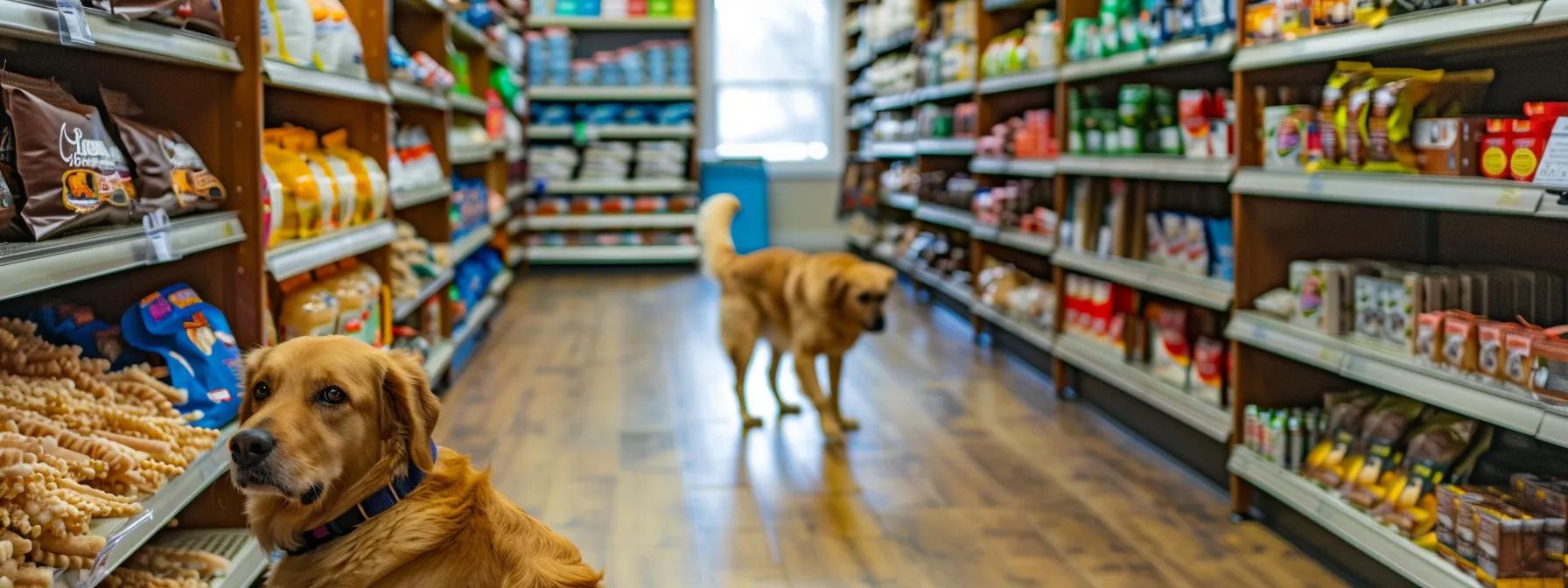 a well-lit indoor pet supply store showcases a selection of premium rawhide chews displayed neatly on shelves, highlighting their diverse shapes and sizes, while an attentive dog explores the offerings eagerly, emphasizing the theme of dental health and safe chewing practices. a well-lit indoor pet supply store showcases a selection of premium rawhide chews displayed neatly on shelves, highlighting their diverse shapes and sizes, while an attentive dog explores the offerings eagerly, emphasizing the theme of dental health and safe chewing practices.