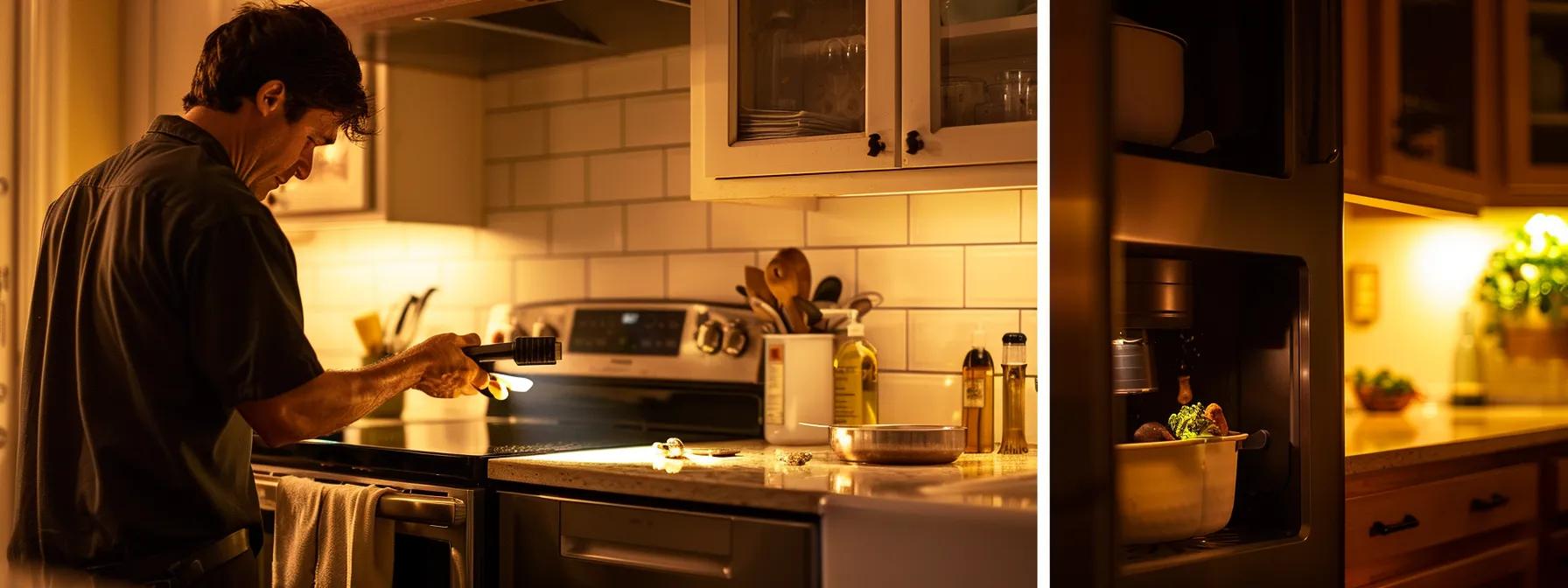 a well-lit kitchen setting features a modern garbage disposal unit with a technician using a flashlight to inspect the chamber for debris, conveying the meticulous diagnostic process involved in identifying plumbing issues. a well-lit kitchen setting features a modern garbage disposal unit with a technician using a flashlight to inspect the chamber for debris, conveying the meticulous diagnostic process involved in identifying plumbing issues.