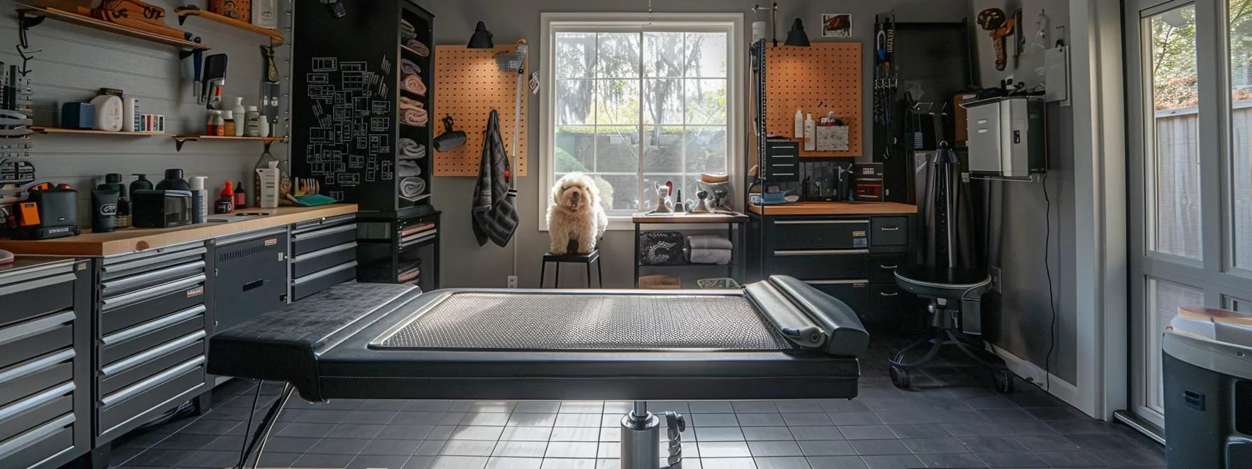 a well-organized grooming station showcases a serene atmosphere where a beautifully groomed bernedoodle is being attended to, surrounded by professional tools and a calming indoor setting that emphasizes the importance of a consistent grooming schedule.