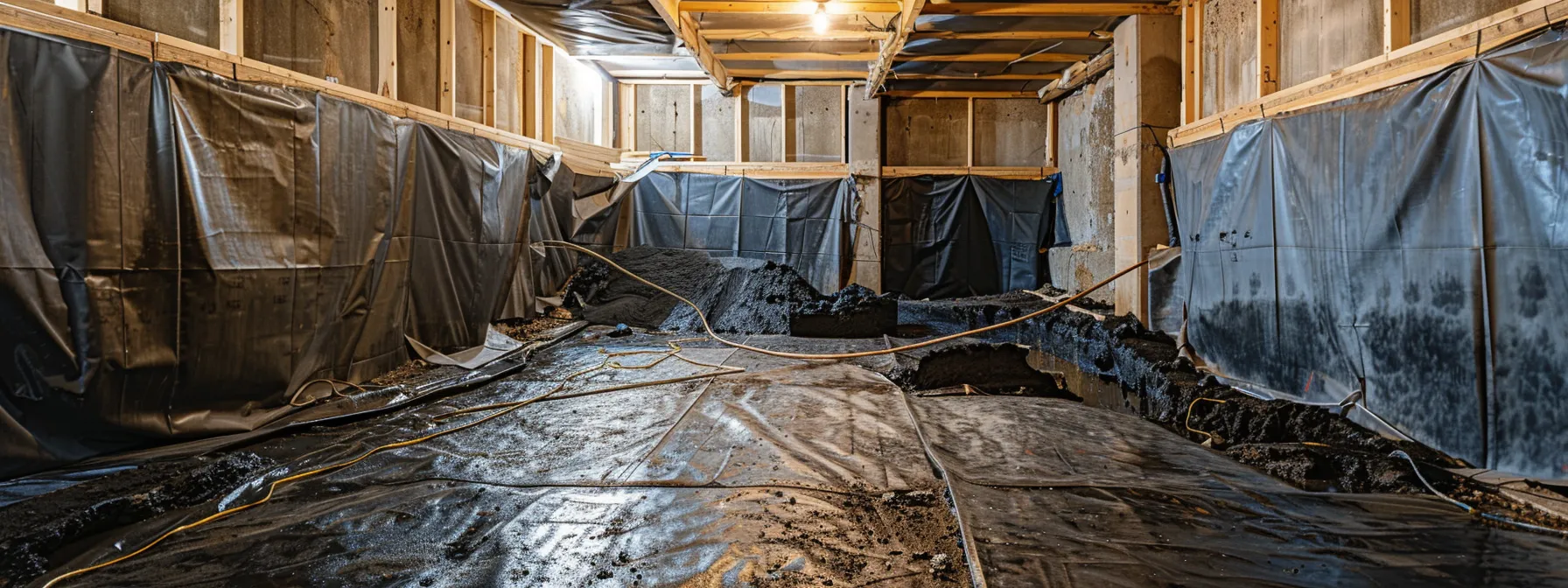 a well-lit residential basement showcases a contractor applying waterproofing membranes and sealing cracks with hydraulic cement while a french drain is being installed along the perimeter, highlighting a professional and dedicated waterproofing process. a well-lit residential basement showcases a contractor applying waterproofing membranes and sealing cracks with hydraulic cement while a french drain is being installed along the perimeter, highlighting a professional and dedicated waterproofing process.