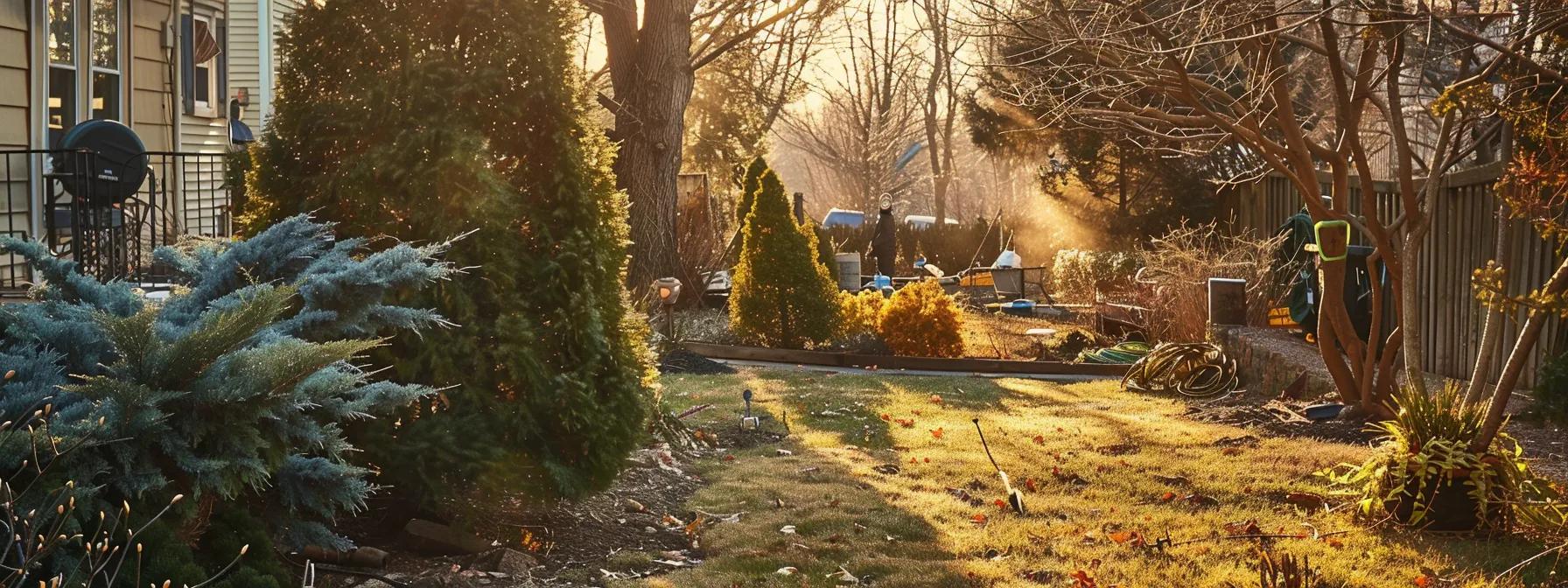 a well-organized urban yard showcases a homeowner meticulously tending to a row of robust trees, with tools for pruning and mulching prominently displayed, symbolizing proactive seasonal care and preparation for changing weather conditions.
