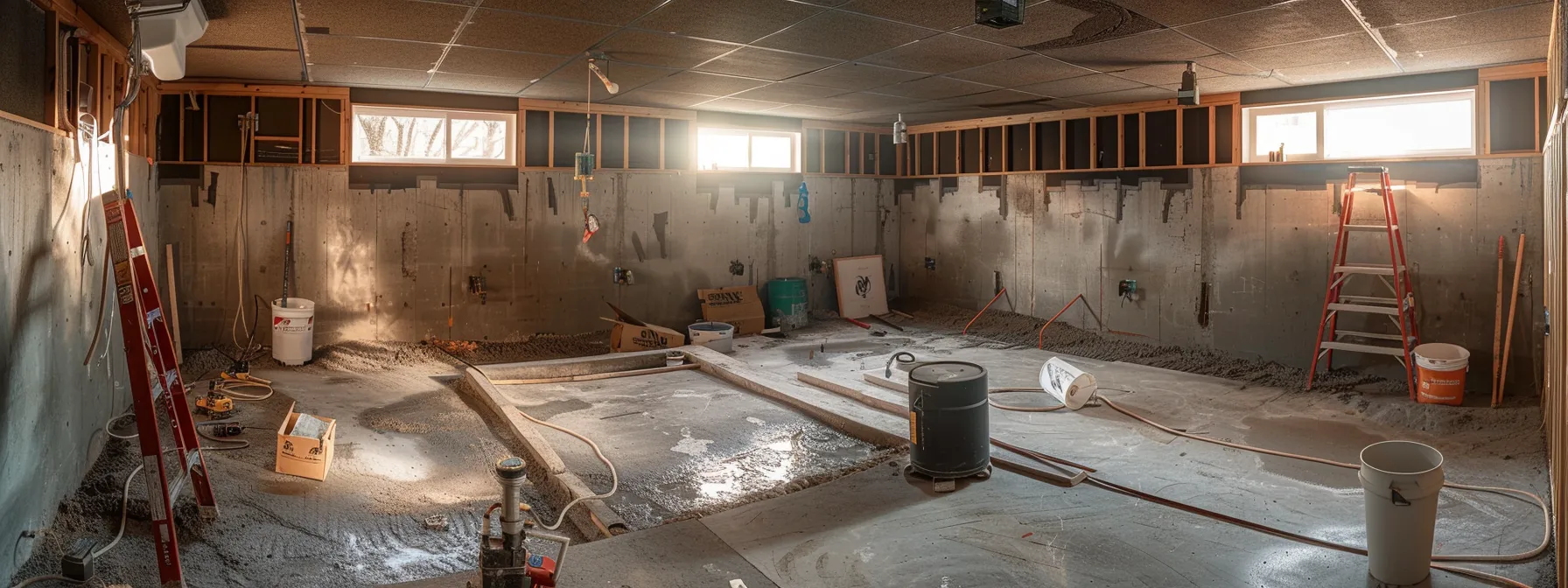 a well-lit residential basement showcases the intense waterproofing process, featuring exposed concrete walls, a contractor applying waterproof membranes, another installing a perimeter french drain, and a sump pump awaiting setup, all in a clean and organized workspace. a well-lit residential basement showcases the intense waterproofing process, featuring exposed concrete walls, a contractor applying waterproof membranes, another installing a perimeter french drain, and a sump pump awaiting setup, all in a clean and organized workspace.