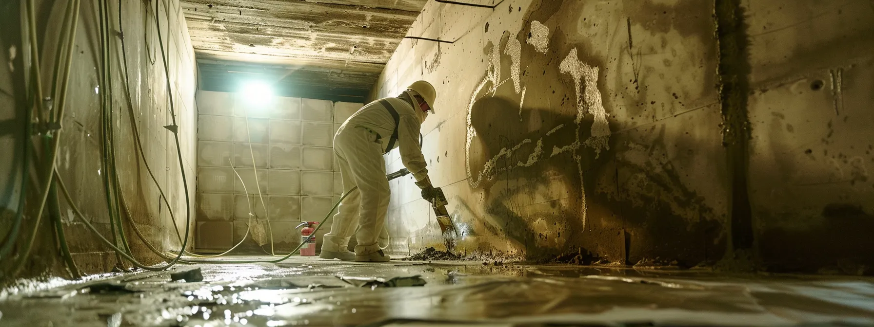 a well-lit basement scene showcases a contractor in safety gear meticulously sealing cracks with hydraulic cement while waterproofing membranes are being applied to the exposed concrete walls, highlighting the essential process of safeguarding a home against water damage. a well-lit basement scene showcases a contractor in safety gear meticulously sealing cracks with hydraulic cement while waterproofing membranes are being applied to the exposed concrete walls, highlighting the essential process of safeguarding a home against water damage.