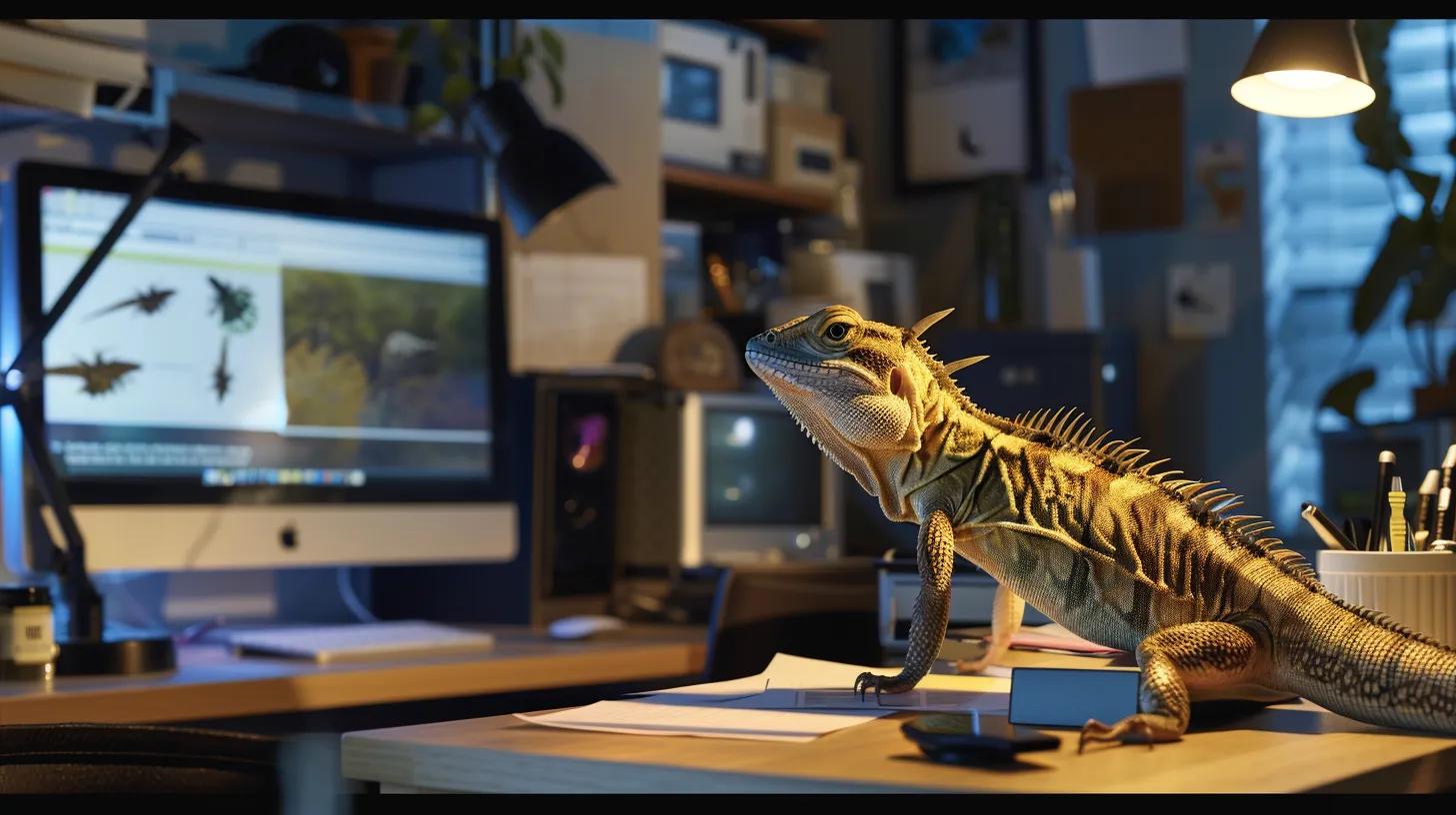 a well-organized, modern home office setting features a knowledgeable pest control expert demonstrating safe and humane techniques for removing lizards, with informative diagrams and repellents strategically arranged on a sleek desk. a well-organized, modern home office setting features a knowledgeable pest control expert demonstrating safe and humane techniques for removing lizards, with informative diagrams and repellents strategically arranged on a sleek desk.
