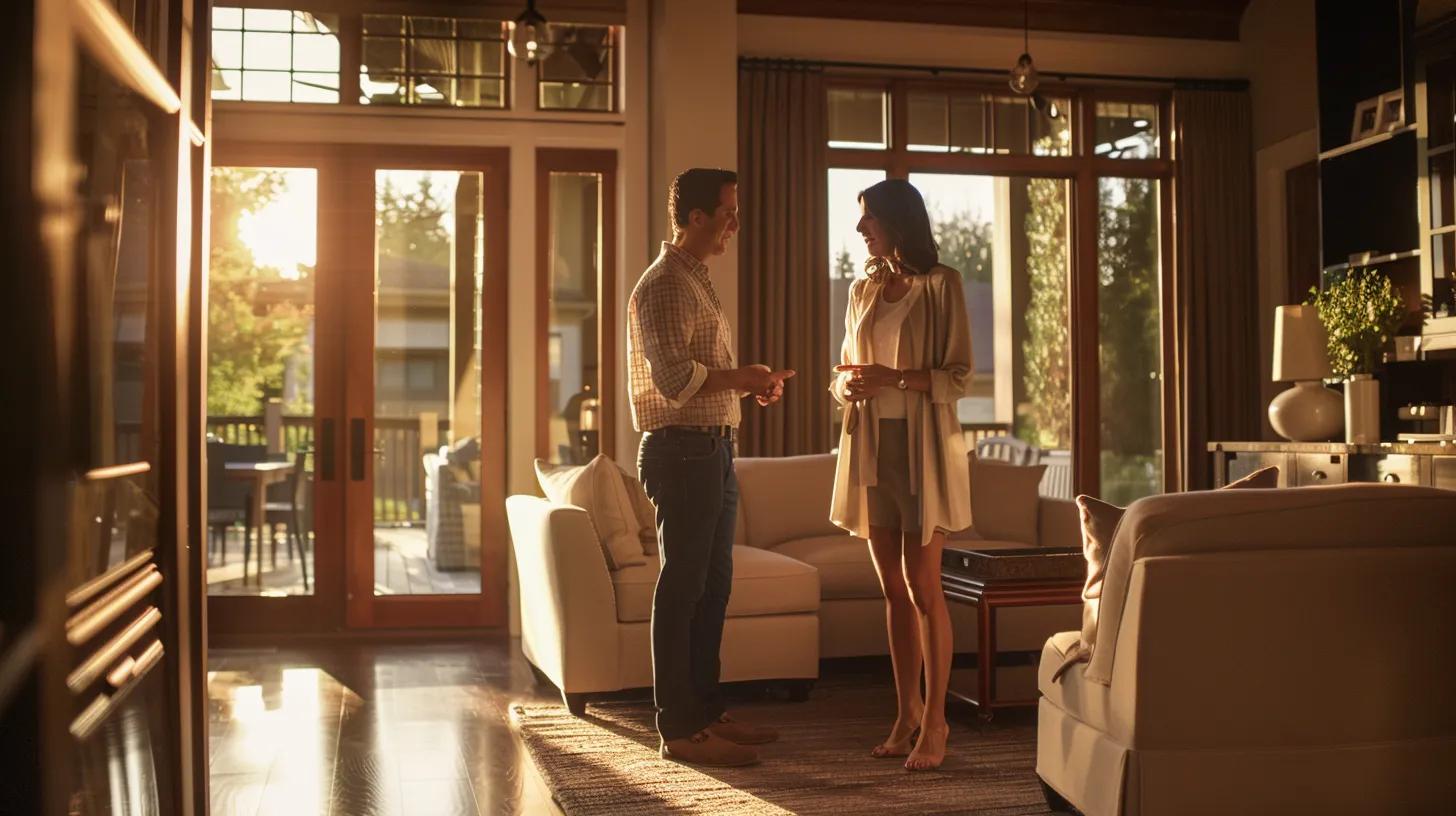 a well-lit, inviting interior of a custom-built home showcases elegant design elements, while a satisfied homeowner converses with a builder, embodying trust and quality craftsmanship. a well-lit, inviting interior of a custom-built home showcases elegant design elements, while a satisfied homeowner converses with a builder, embodying trust and quality craftsmanship.