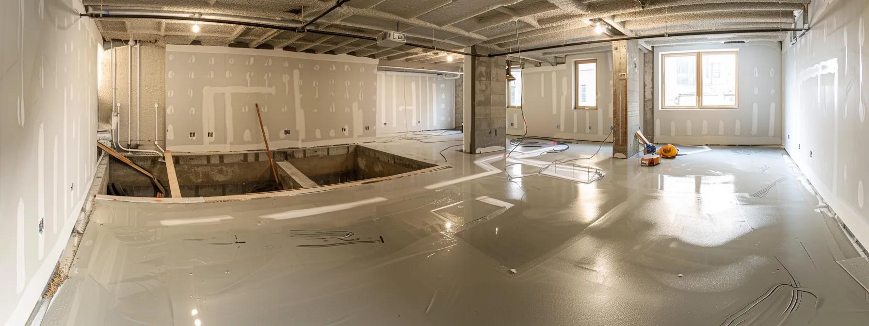 a well-lit residential basement showcases the waterproofing process, featuring exposed concrete walls where contractors in safety gear apply waterproof membranes, seal foundation cracks with hydraulic cement, and install a french drain alongside a ready-to-install sump pump, all in a clean and professional workspace. a well-lit residential basement showcases the waterproofing process, featuring exposed concrete walls where contractors in safety gear apply waterproof membranes, seal foundation cracks with hydraulic cement, and install a french drain alongside a ready-to-install sump pump, all in a clean and professional workspace.