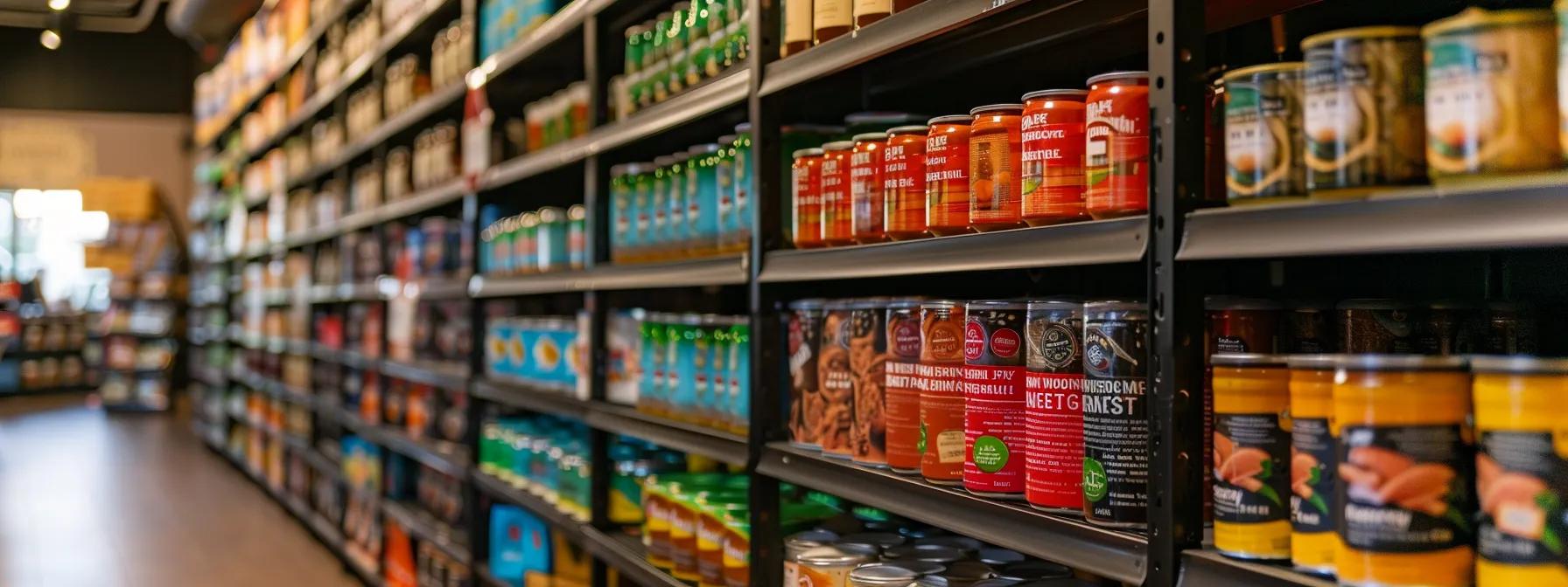 a well-organized pet supply store showcases shelves lined with colorful cans of authentic usa-made salmon wet dog food, highlighting reputable brands under warm, inviting lighting that emphasizes product quality and transparency. a well-organized pet supply store showcases shelves lined with colorful cans of authentic usa-made salmon wet dog food, highlighting reputable brands under warm, inviting lighting that emphasizes product quality and transparency.