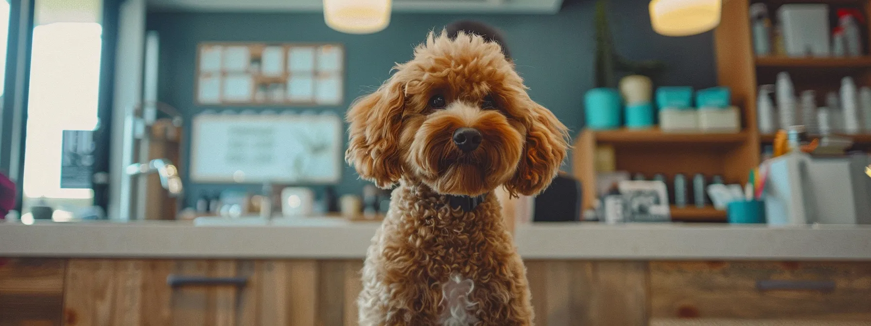 a well-lit, modern grooming salon features a friendly groomer attentively trimming the fluffy coat of a stylish doodle, with sleek grooming tools neatly organized on the counter and an informative price chart prominently displayed on the wall.