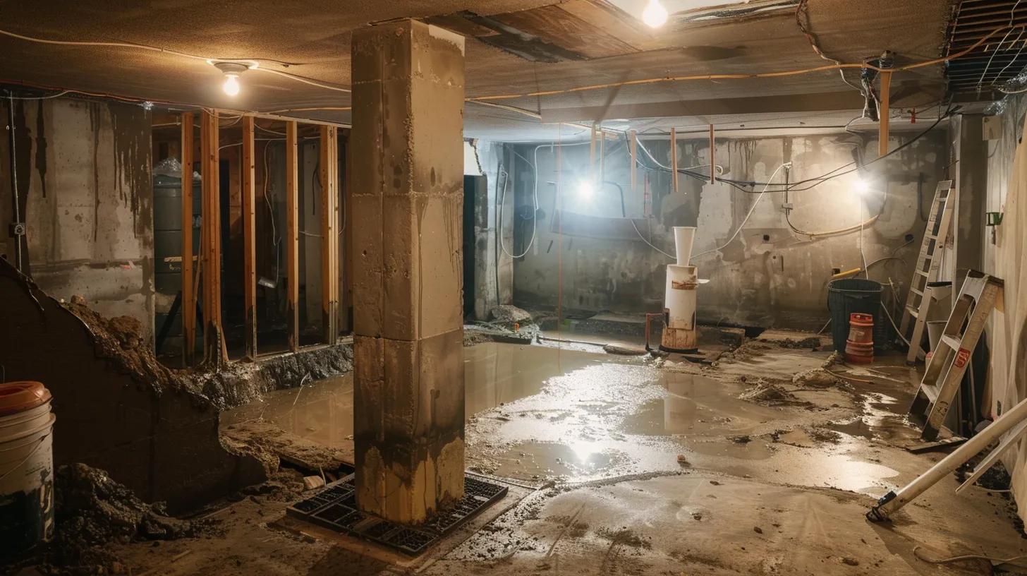 a well-lit residential basement showcases a contractor applying waterproofing membranes to exposed concrete walls, while another installs a french drain along the perimeter, emphasizing the critical process of safeguarding homes against water damage in pittsburgh's heavy rainfall environment. a well-lit residential basement showcases a contractor applying waterproofing membranes to exposed concrete walls, while another installs a french drain along the perimeter, emphasizing the critical process of safeguarding homes against water damage in pittsburgh's heavy rainfall environment.
