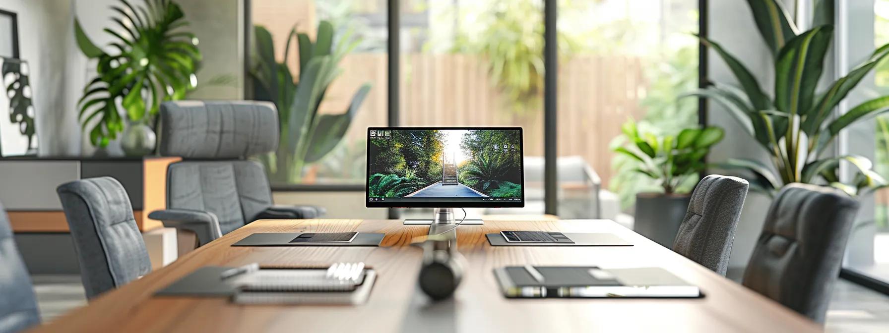 a well-organized interview setting in a modern office, featuring a polished conference table surrounded by design portfolios and a tablet displaying a home renovation project, capturing the professional exchange between a builder and a client. a well-organized interview setting in a modern office, featuring a polished conference table surrounded by design portfolios and a tablet displaying a home renovation project, capturing the professional exchange between a builder and a client.