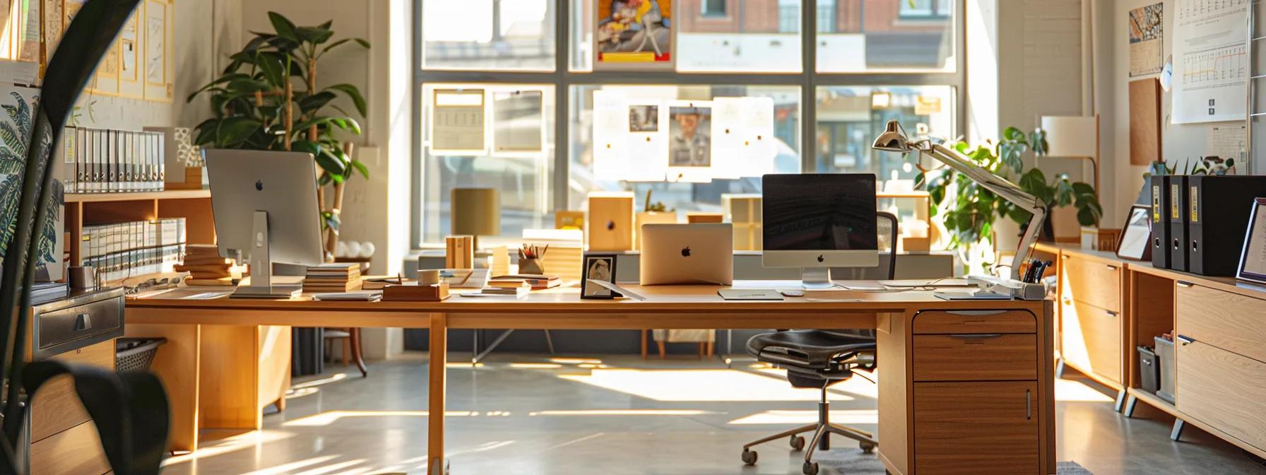a well-organized office space features a polished wooden desk with a detailed furniture inspection checklist prominently displayed alongside various furniture samples, emphasizing the importance of careful evaluation before purchase.