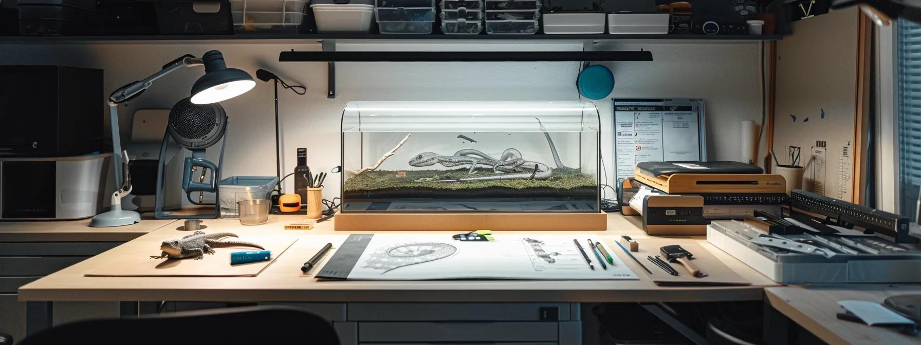 a well-organized home workspace displays an intricately designed reptile enclosure kit in the foreground, with assembly tools and step-by-step instructions spread out neatly on a sleek, modern desk, illuminated by soft, focused overhead lighting. a well-organized home workspace displays an intricately designed reptile enclosure kit in the foreground, with assembly tools and step-by-step instructions spread out neatly on a sleek, modern desk, illuminated by soft, focused overhead lighting.