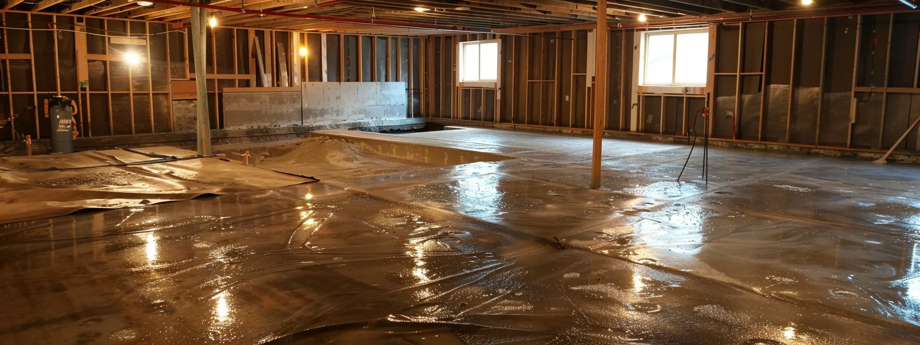 a well-lit basement showcases a professional waterproofing process, with contractors skillfully applying membranes to exposed concrete walls, sealing cracks with hydraulic cement, and preparing to install a sump pump, all emphasizing the importance of maintaining a dry environment during snowy seasons. a well-lit basement showcases a professional waterproofing process, with contractors skillfully applying membranes to exposed concrete walls, sealing cracks with hydraulic cement, and preparing to install a sump pump, all emphasizing the importance of maintaining a dry environment during snowy seasons.