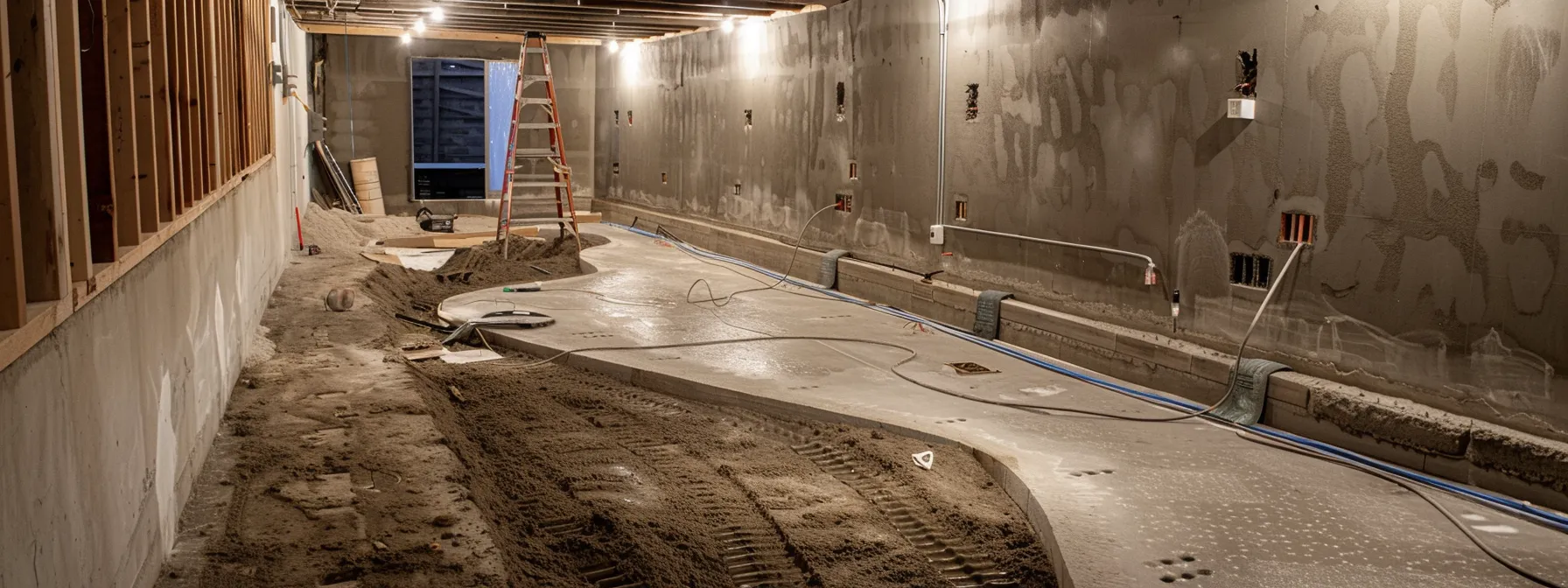 a well-lit residential basement showcases a contractor applying waterproofing membranes to exposed concrete walls, while another installs a french drain along the perimeter, emphasizing a professional and urgent response to moisture prevention. a well-lit residential basement showcases a contractor applying waterproofing membranes to exposed concrete walls, while another installs a french drain along the perimeter, emphasizing a professional and urgent response to moisture prevention.