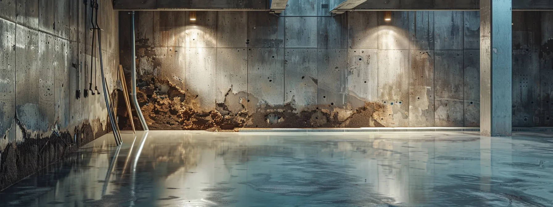 a well-lit residential basement showcases a professional waterproofing process, featuring exposed concrete walls adorned with waterproofing membranes as a contractor skillfully seals cracks and another installs a french drain, ensuring a safe and dry environment. a well-lit residential basement showcases a professional waterproofing process, featuring exposed concrete walls adorned with waterproofing membranes as a contractor skillfully seals cracks and another installs a french drain, ensuring a safe and dry environment.