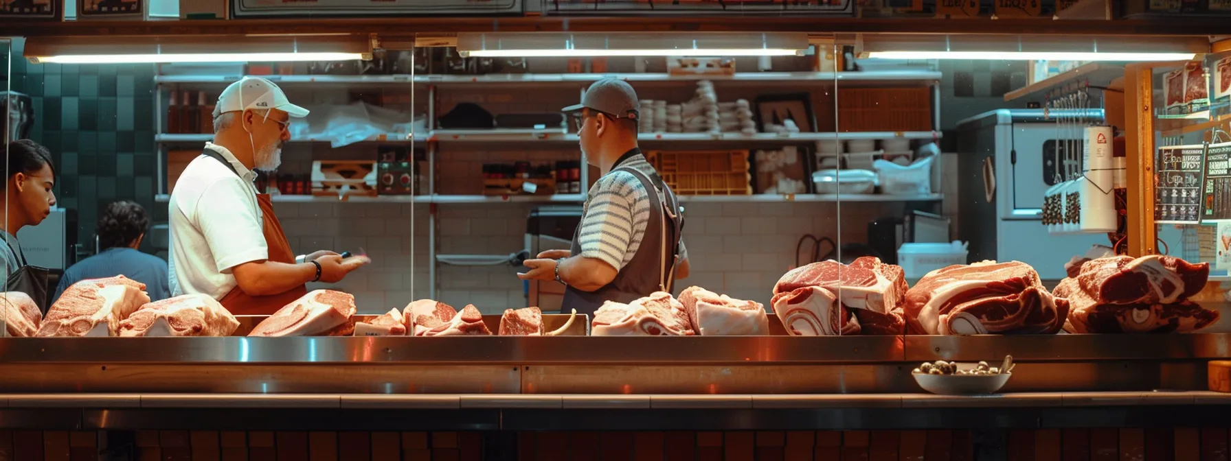 a well-organized butcher shop showcases neatly packaged half sides of beef displayed behind a glass counter, illuminated by bright, modern lighting, with an attentive butcher engaging with a customer about the quality and sourcing of the meat. a well-organized butcher shop showcases neatly packaged half sides of beef displayed behind a glass counter, illuminated by bright, modern lighting, with an attentive butcher engaging with a customer about the quality and sourcing of the meat.