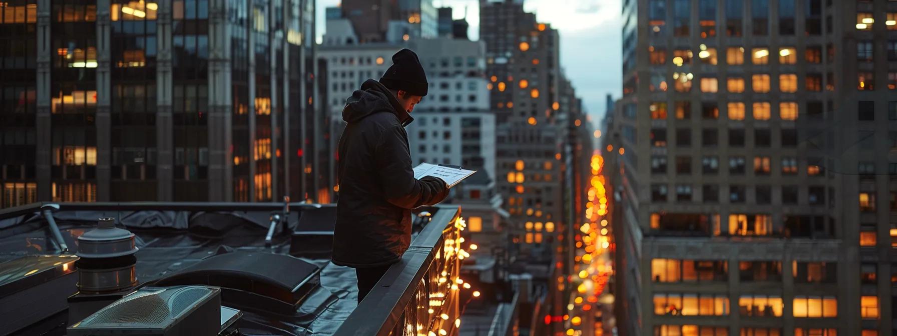a well-lit, focused shot of a roofing professional inspecting a roof with a clipboard in hand, highlighting signs of wear and tear, such as curling shingles and light seepage, against an urban backdrop of a modern office building. a well-lit, focused shot of a roofing professional inspecting a roof with a clipboard in hand, highlighting signs of wear and tear, such as curling shingles and light seepage, against an urban backdrop of a modern office building.