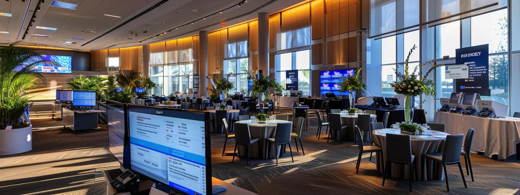 a well-organized, modern event planning office is bustling with activity, showcasing sleek design elements and digital screens displaying comparative pricing and service details of competitor packages, emphasizing the contrast between modular options and integrated luxury experiences.