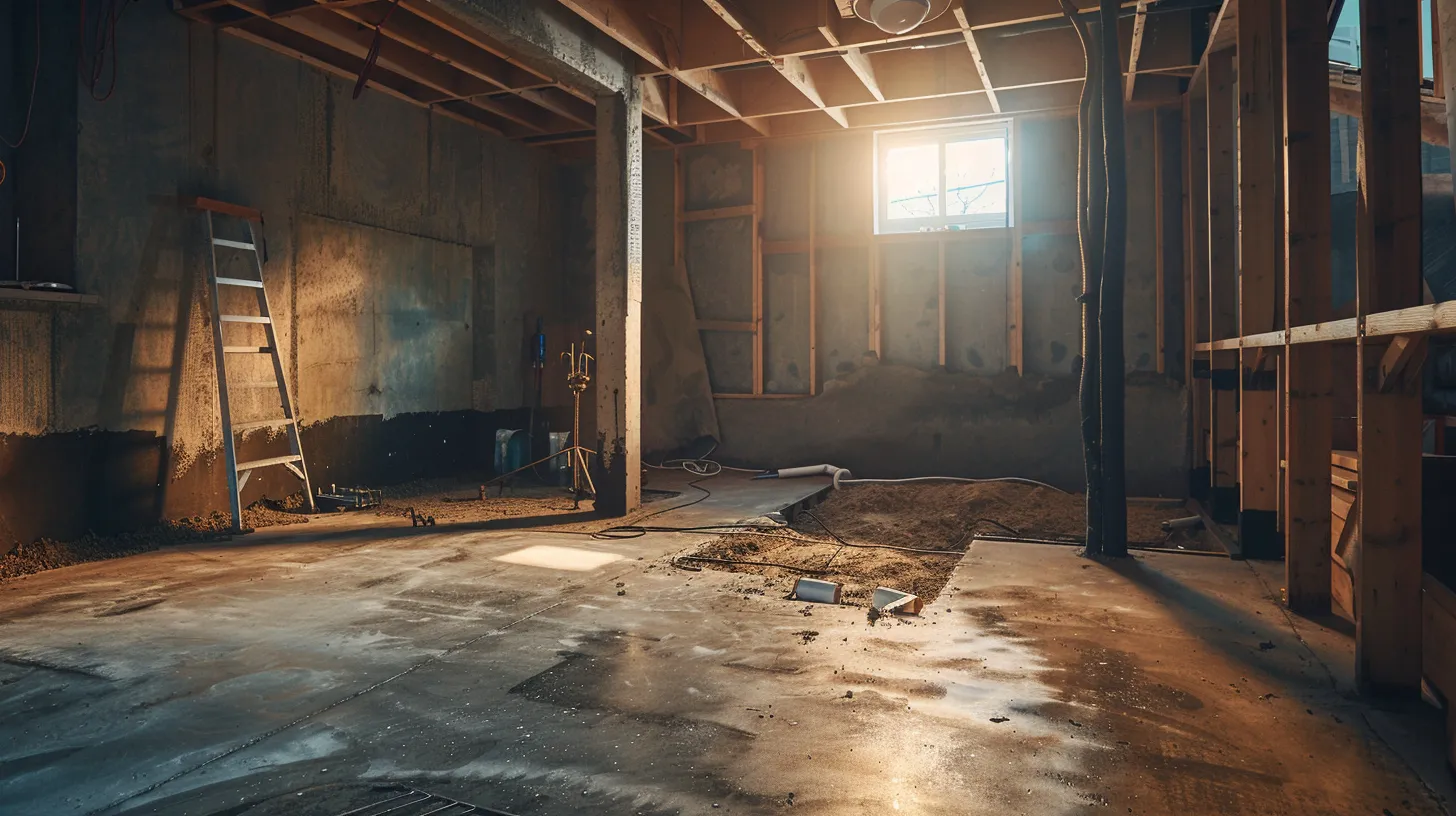 a well-lit residential basement reveals exposed concrete walls and flooring as professionals apply waterproofing membranes, seal cracks with hydraulic cement, and prepare to install a french drain and sump pump in a clean, organized workspace. a well-lit residential basement reveals exposed concrete walls and flooring as professionals apply waterproofing membranes, seal cracks with hydraulic cement, and prepare to install a french drain and sump pump in a clean, organized workspace.