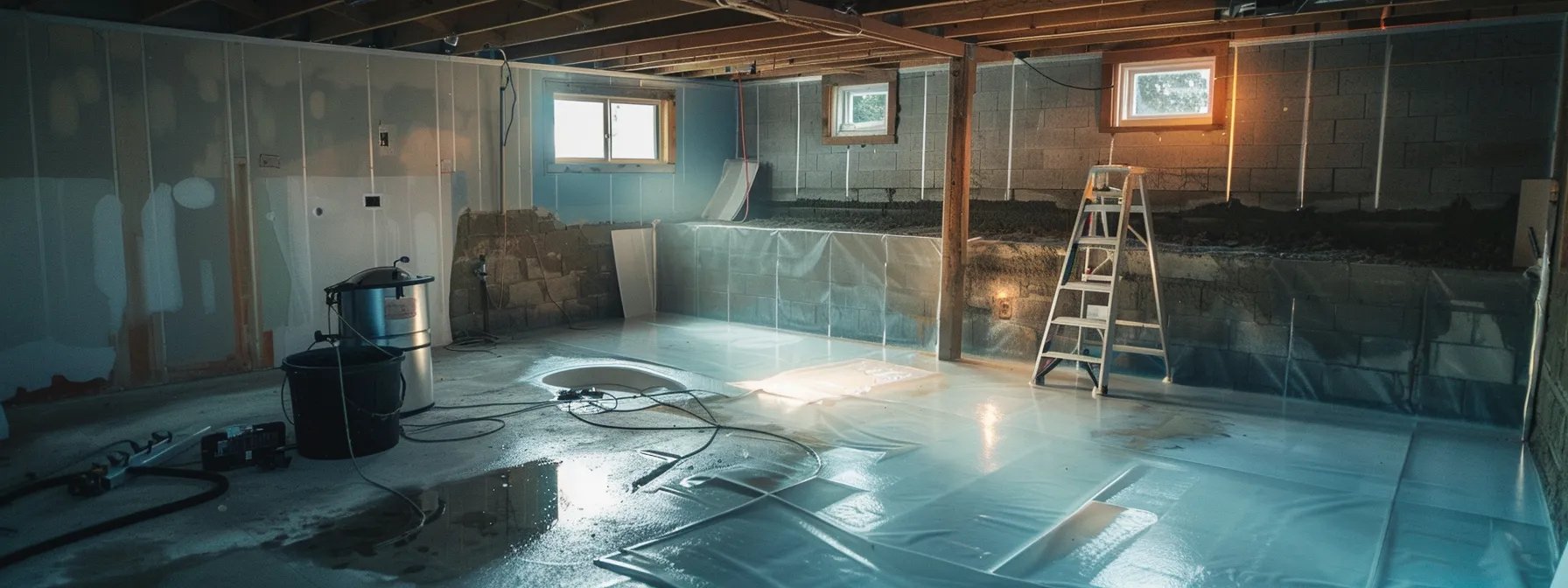 a well-lit, pristine basement showcases a contractor applying a waterproofing membrane on exposed concrete walls, with a sump pump poised for installation and a french drain being carefully laid along the perimeter, highlighting the essential techniques of basement waterproofing. a well-lit, pristine basement showcases a contractor applying a waterproofing membrane on exposed concrete walls, with a sump pump poised for installation and a french drain being carefully laid along the perimeter, highlighting the essential techniques of basement waterproofing.