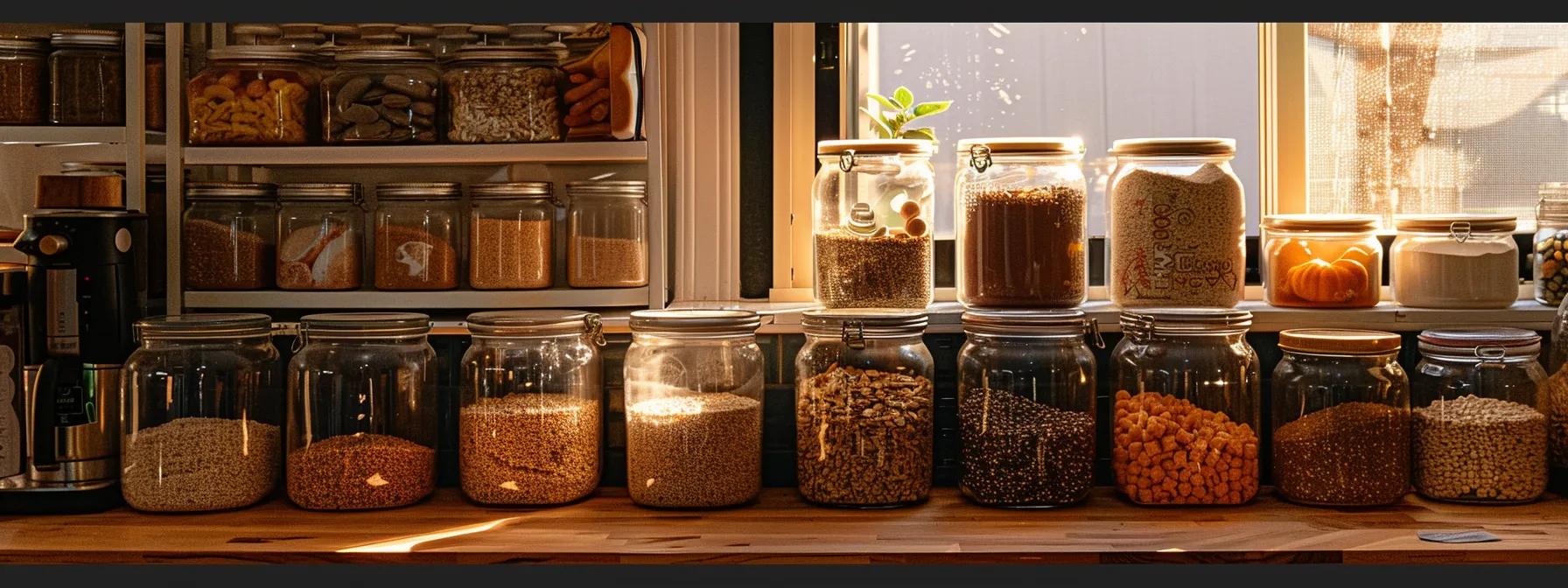 a well-organized kitchen workspace showcases an array of carefully labeled containers filled with grains and binding agents like quinoa, oats, and sweet potato puree, alongside precise measuring tools, emphasizing the meticulous preparation of wholesome homemade treats for cats.