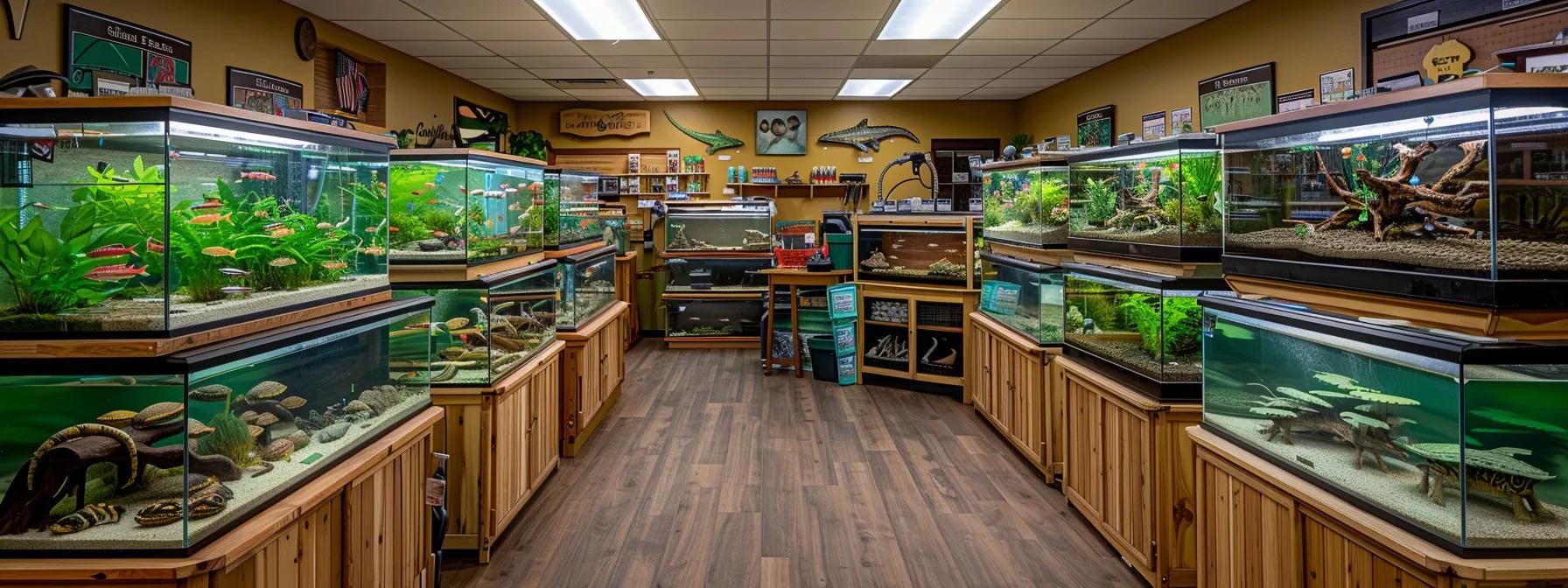 a well-organized pet shop interior showcases a variety of reptile tanks, each distinctively sized and styled with clear ventilation and secure lids, highlighting essential features for novice reptile owners. a well-organized pet shop interior showcases a variety of reptile tanks, each distinctively sized and styled with clear ventilation and secure lids, highlighting essential features for novice reptile owners.
