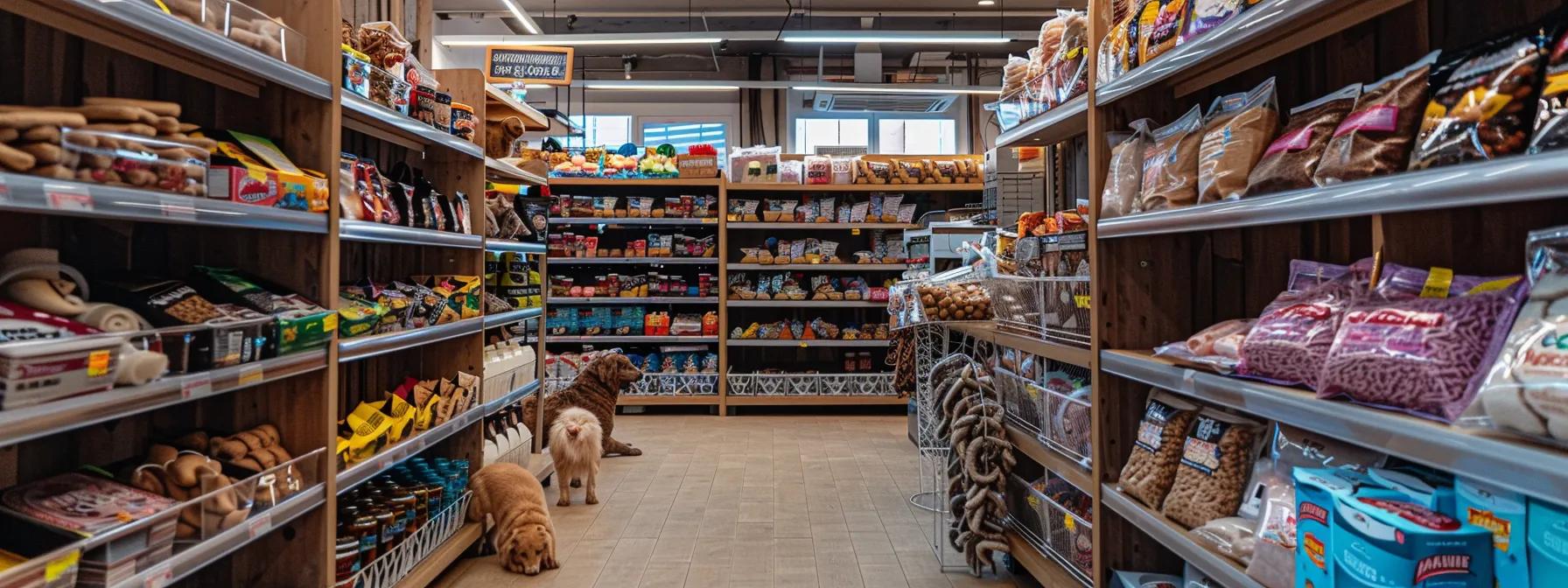a well-organized pet supply store interior showcases a variety of rawhide chews on clean, brightly-lit shelves, emphasizing the importance of proper storage and administration for canine wellbeing. a well-organized pet supply store interior showcases a variety of rawhide chews on clean, brightly-lit shelves, emphasizing the importance of proper storage and administration for canine wellbeing.