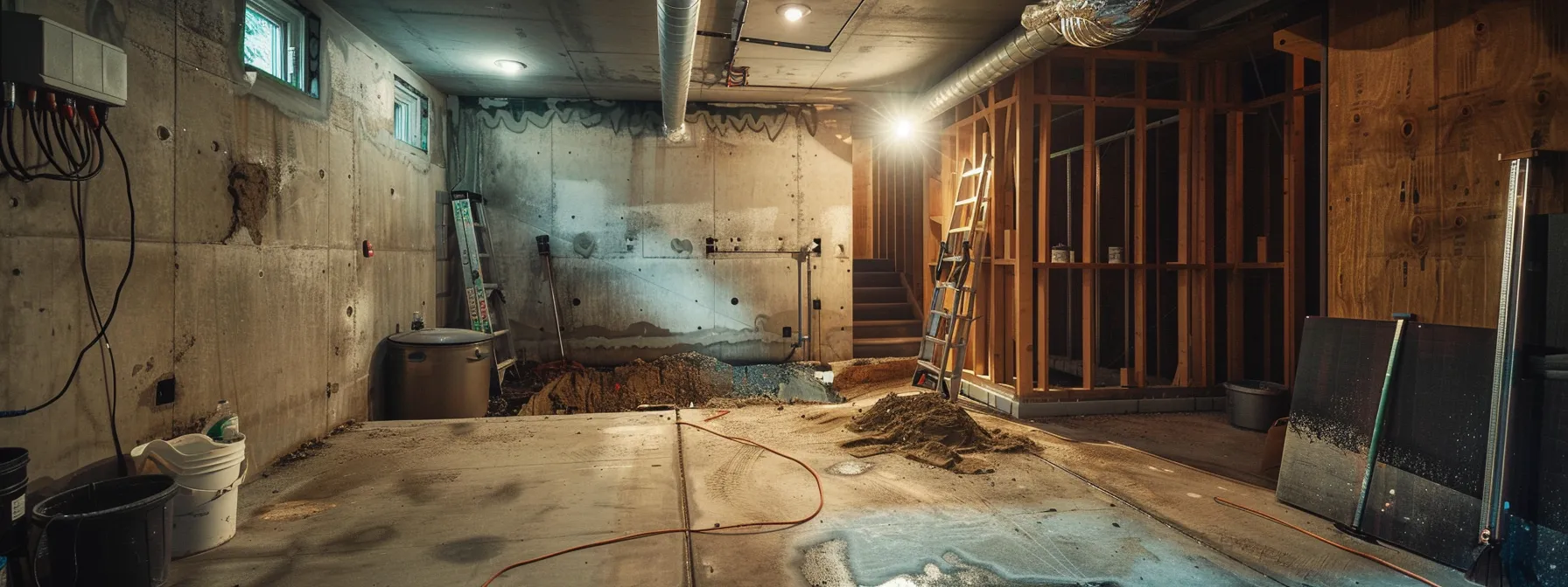 a well-lit residential basement showcases a contractor diligently applying waterproofing membranes to exposed concrete walls, as another installs a french drain, illustrating the essential process of safeguarding the home from water damage. a well-lit residential basement showcases a contractor diligently applying waterproofing membranes to exposed concrete walls, as another installs a french drain, illustrating the essential process of safeguarding the home from water damage.