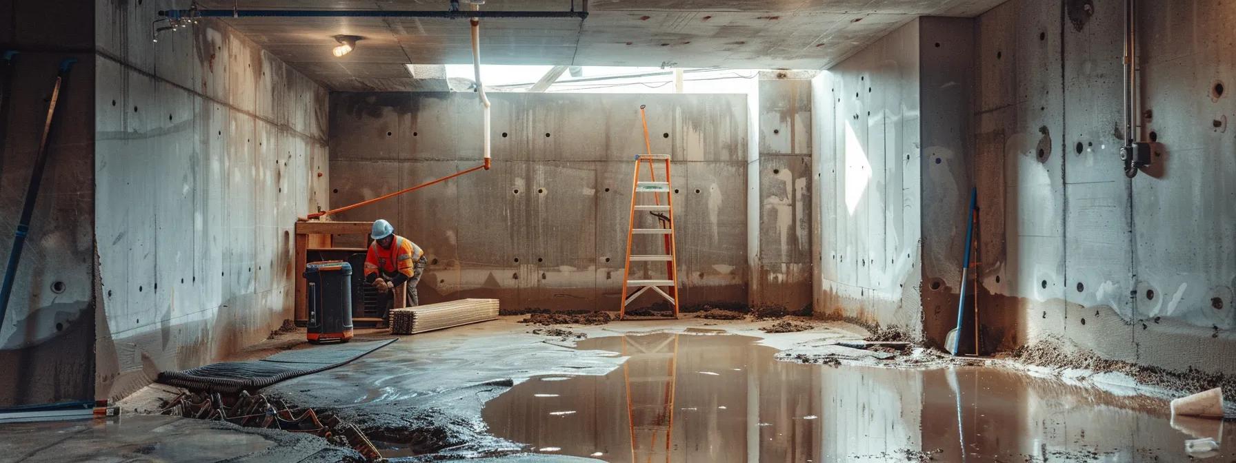 a well-lit residential basement showcases a professional waterproofing process, featuring exposed concrete walls where a contractor in safety gear meticulously seals cracks with hydraulic cement, while another installs a french drain, emphasizing the importance of effective maintenance practices for long-lasting waterproofing solutions. a well-lit residential basement showcases a professional waterproofing process, featuring exposed concrete walls where a contractor in safety gear meticulously seals cracks with hydraulic cement, while another installs a french drain, emphasizing the importance of effective maintenance practices for long-lasting waterproofing solutions.