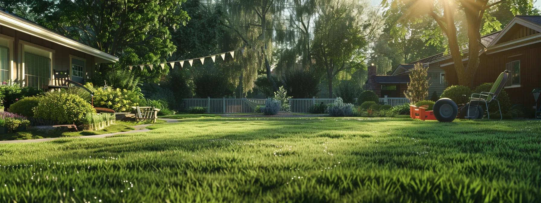 a well-maintained suburban lawn, freshly mowed and marked with bright flags, showcases an invitation to engage in aeration preparations under the warm glow of an afternoon sun, with gardening tools and hoses neatly arranged nearby. a well-maintained suburban lawn, freshly mowed and marked with bright flags, showcases an invitation to engage in aeration preparations under the warm glow of an afternoon sun, with gardening tools and hoses neatly arranged nearby.
