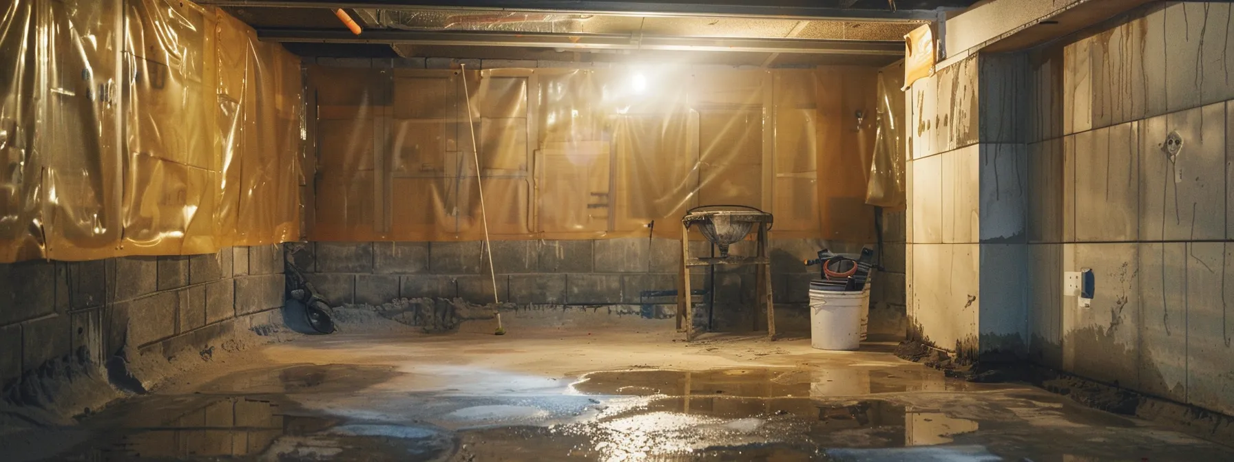 a well-lit residential basement showcases professional contractors applying waterproofing membranes on exposed concrete walls, as one expertly seals cracks with hydraulic cement while another installs a french drain, creating a clean and effective waterproofing solution. a well-lit residential basement showcases professional contractors applying waterproofing membranes on exposed concrete walls, as one expertly seals cracks with hydraulic cement while another installs a french drain, creating a clean and effective waterproofing solution.
