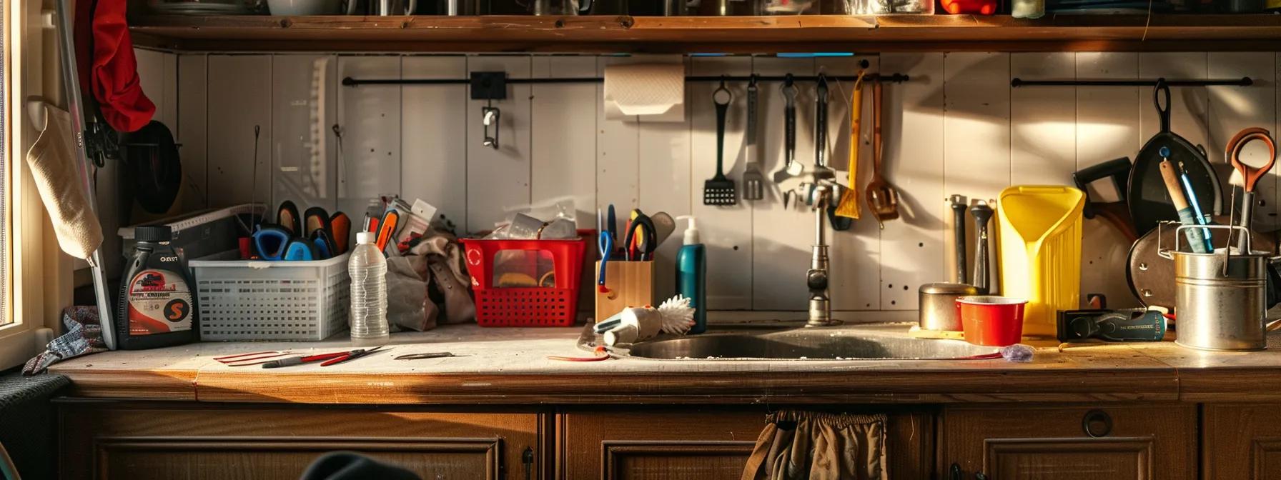 a well-organized kitchen workspace showcases a garbage disposal unit under a sink, with tools like a wrench and flashlight neatly arranged nearby, while a pair of protective goggles and gloves emphasize a safety-first approach to home repair. a well-organized kitchen workspace showcases a garbage disposal unit under a sink, with tools like a wrench and flashlight neatly arranged nearby, while a pair of protective goggles and gloves emphasize a safety-first approach to home repair.