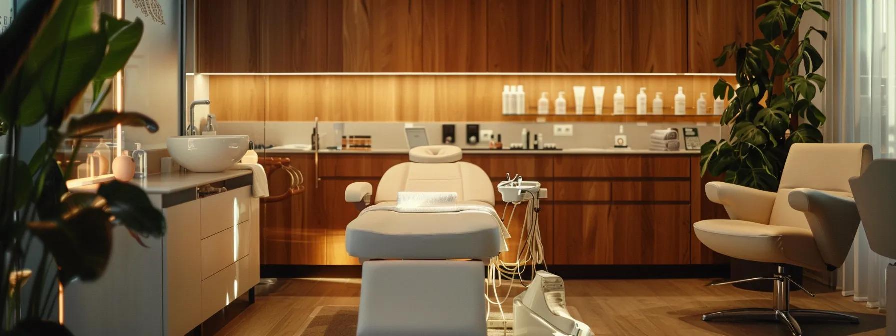 a well-lit salon interior showcases a skilled technician performing precise facial threading on a client, emphasizing the meticulous control and comfort associated with individual skincare preferences amid a backdrop of modern aesthetic tools and a tranquil atmosphere.