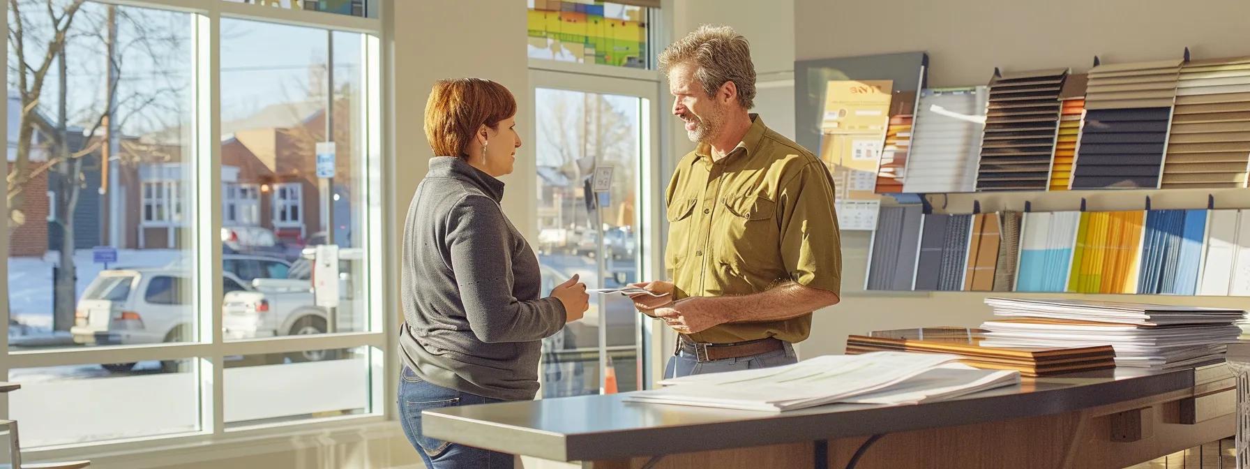 a well-lit office setting showcases a confident contractor discussing roofing options with a homeowner, surrounded by colorful material samples and blueprints, emphasizing professionalism and budget-friendly solutions. a well-lit office setting showcases a confident contractor discussing roofing options with a homeowner, surrounded by colorful material samples and blueprints, emphasizing professionalism and budget-friendly solutions.