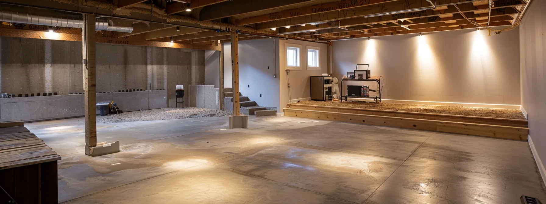 a well-lit residential basement showcases the waterproofing process, featuring exposed concrete walls as a contractor applies waterproof membranes, seals cracks with hydraulic cement, and installs a french drain, while a sump pump awaits placement in a clean and professional workspace. a well-lit residential basement showcases the waterproofing process, featuring exposed concrete walls as a contractor applies waterproof membranes, seals cracks with hydraulic cement, and installs a french drain, while a sump pump awaits placement in a clean and professional workspace.