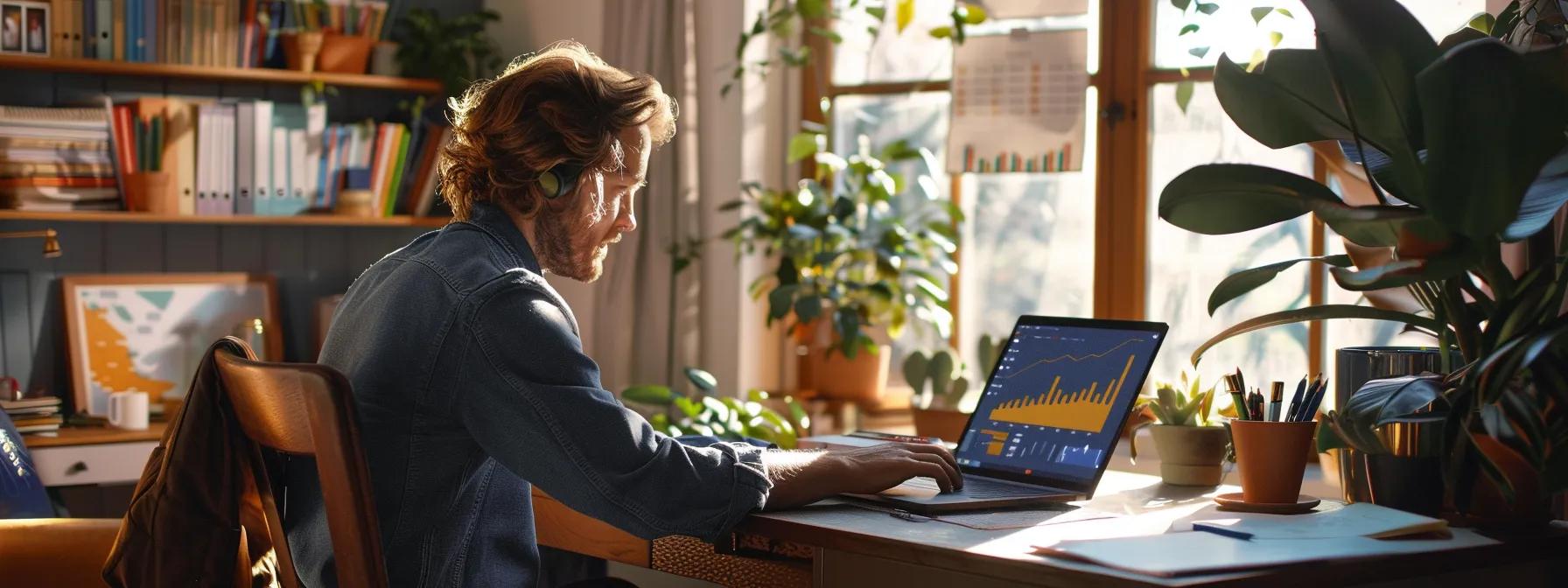 a well-organized, modern home office environment showcases a focused professional reviewing detailed mortgage guidelines on a sleek laptop, with an engaging visual of charts and graphs subtly displayed in the background to emphasize financial analysis and preparation.