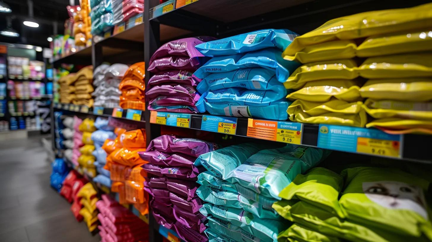 a well-organized feline care display in a modern pet supply store showcases an array of colorful cat diapers, highlighting the distinctions between disposable, reusable, and specialized options against a clean, bright background. a well-organized feline care display in a modern pet supply store showcases an array of colorful cat diapers, highlighting the distinctions between disposable, reusable, and specialized options against a clean, bright background.