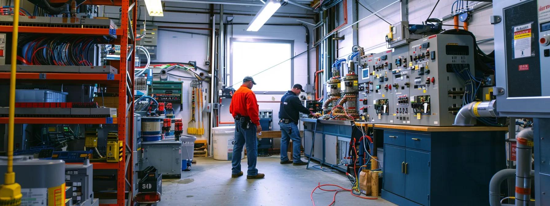 a well-organized cape cod commercial electrical workshop showcases electricians meticulously inspecting advanced equipment, surrounded by tools and blueprints, emphasizing professionalism and technical expertise in delivering reliable services. a well-organized cape cod commercial electrical workshop showcases electricians meticulously inspecting advanced equipment, surrounded by tools and blueprints, emphasizing professionalism and technical expertise in delivering reliable services.