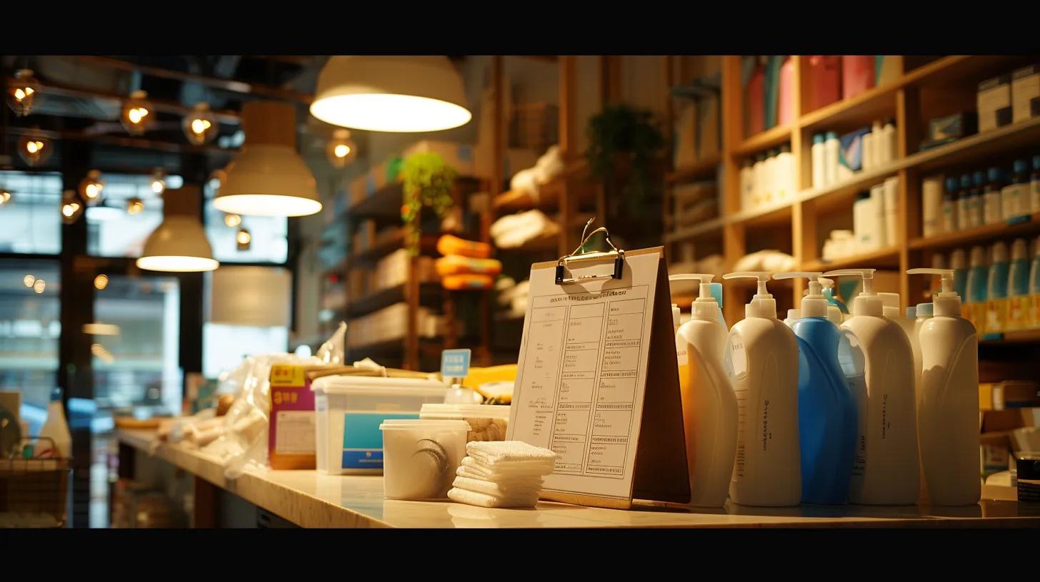 a well-organized indoor space post-celebration, featuring neatly arranged cleanup supplies and a checklist on a clipboard, illuminated by warm overhead lighting to highlight the efficiency of the cleanup process.