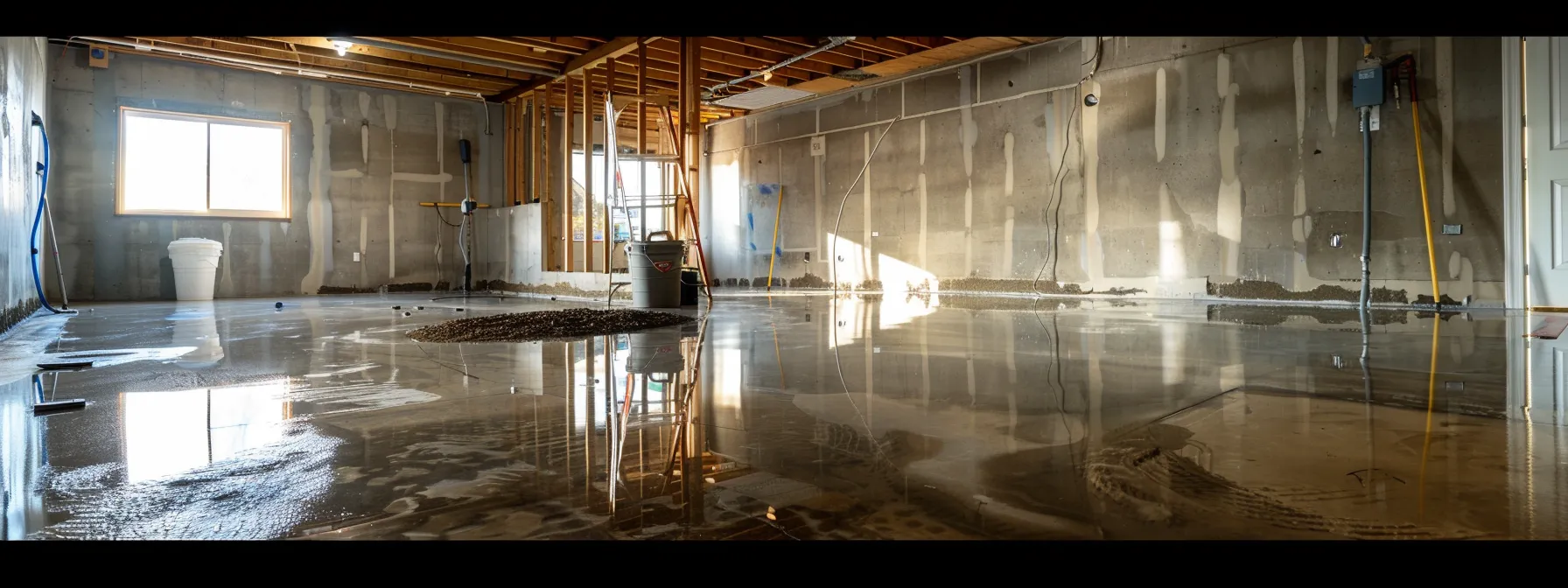 a well-lit residential basement showcases the waterproofing process with exposed concrete walls, where a contractor expertly seals cracks with hydraulic cement while another installs a french drain, creating a clean and professional environment for ensuring a dry home. a well-lit residential basement showcases the waterproofing process with exposed concrete walls, where a contractor expertly seals cracks with hydraulic cement while another installs a french drain, creating a clean and professional environment for ensuring a dry home.