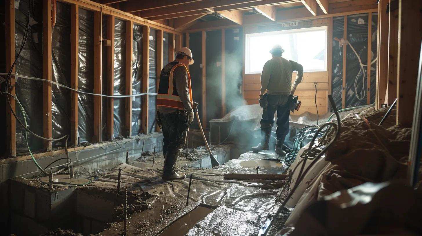 a well-lit residential basement scene showcases a contractor in safety gear applying waterproofing membranes to the exposed concrete walls while another installs a french drain along the perimeter, emphasizing proactive measures against flooding. a well-lit residential basement scene showcases a contractor in safety gear applying waterproofing membranes to the exposed concrete walls while another installs a french drain along the perimeter, emphasizing proactive measures against flooding.